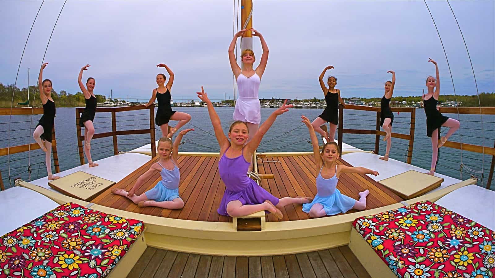 Dancers of the Hamptons Ballet Theatre School on board the sailing charter catamaran Mon Tiki, including Alanah, Devon, Mayfield and Montauk's own Toby, Sam and Jessica, Katie, Jillian, and Mon Tiki's own Maggie and Emily. Photo by Sailing Montauk.