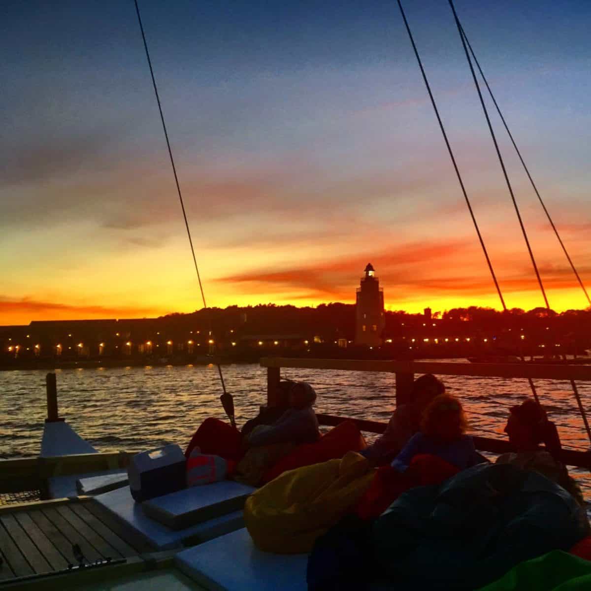 Mon Tiki Largo returns to her dock at Gurney's Star Island Resort after sunset